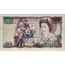 GREAT BRITAIN UK 1984 . TWENTY 20 POUNDS BANKNOTE . ERROR . WET INK TRANSFER